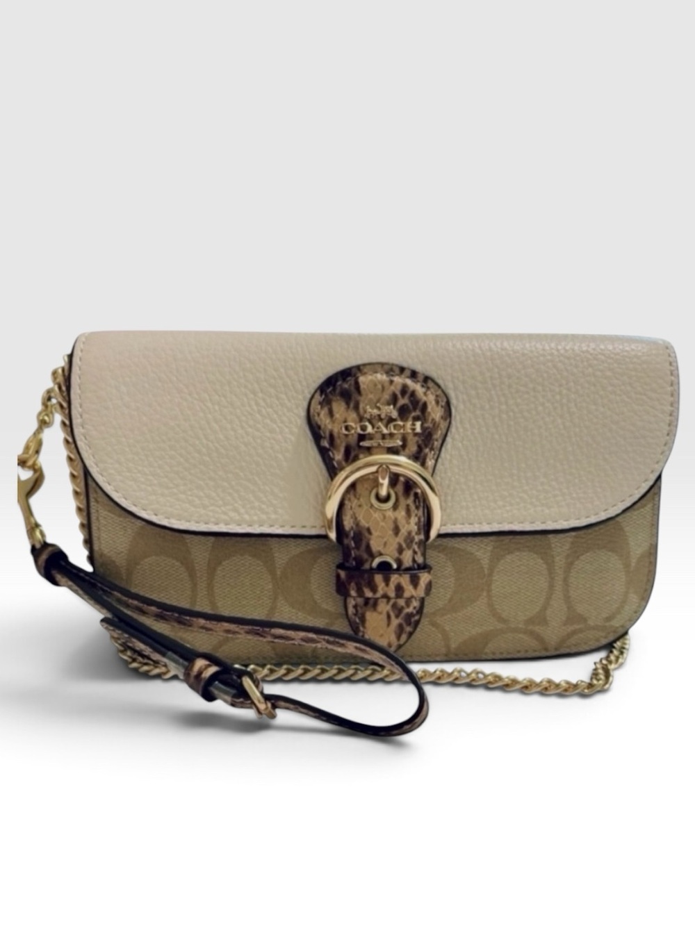 Coach Kleo Signature Canvas Leather Crossbody Bag Snakeskin Buckle NWOT